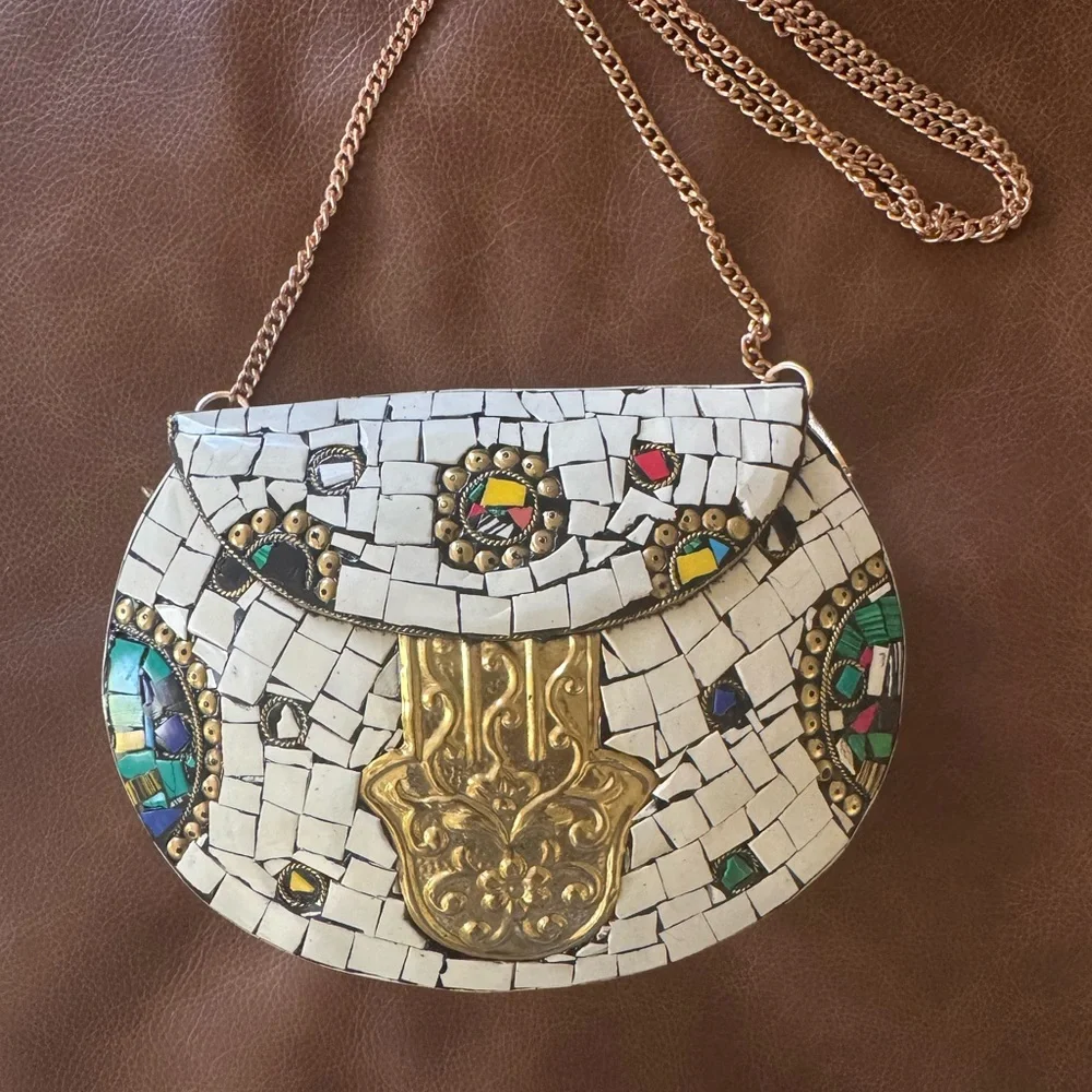 NEW Ramla Handmade Mosaic Crossbody Bag with Gold Accents - Picture 2 of 6
